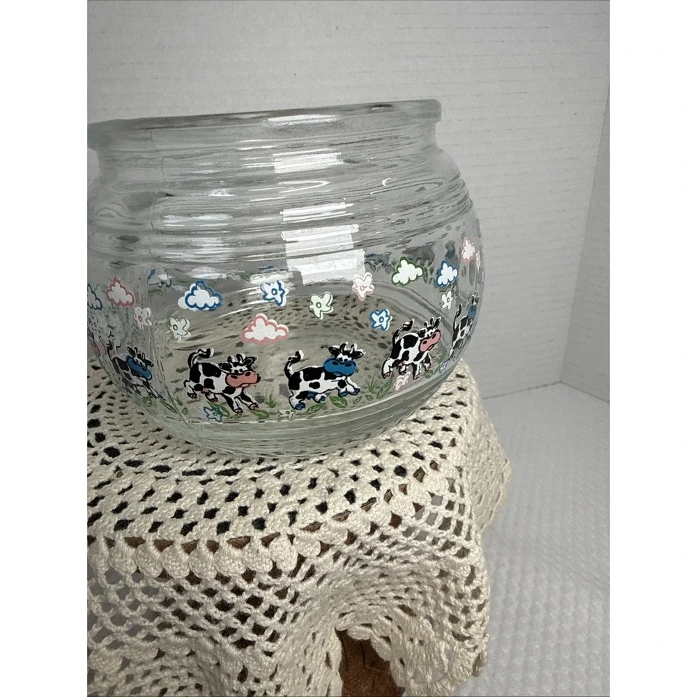 KIG Indonesia Vintage Glass Candy Jar Cannister Apothecary Lid Happy Cows. 5X5